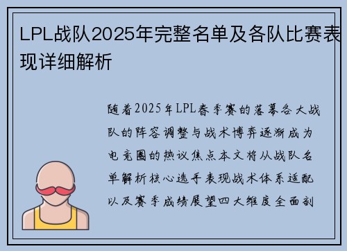 LPL战队2025年完整名单及各队比赛表现详细解析