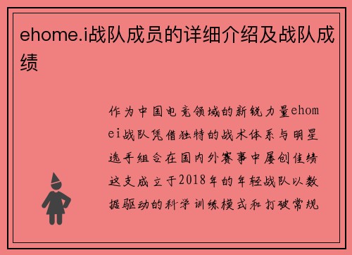 ehome.i战队成员的详细介绍及战队成绩