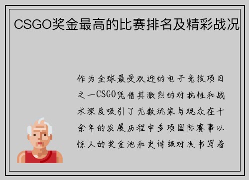 CSGO奖金最高的比赛排名及精彩战况