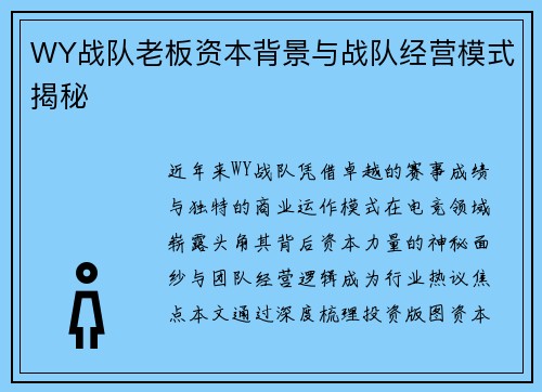 WY战队老板资本背景与战队经营模式揭秘